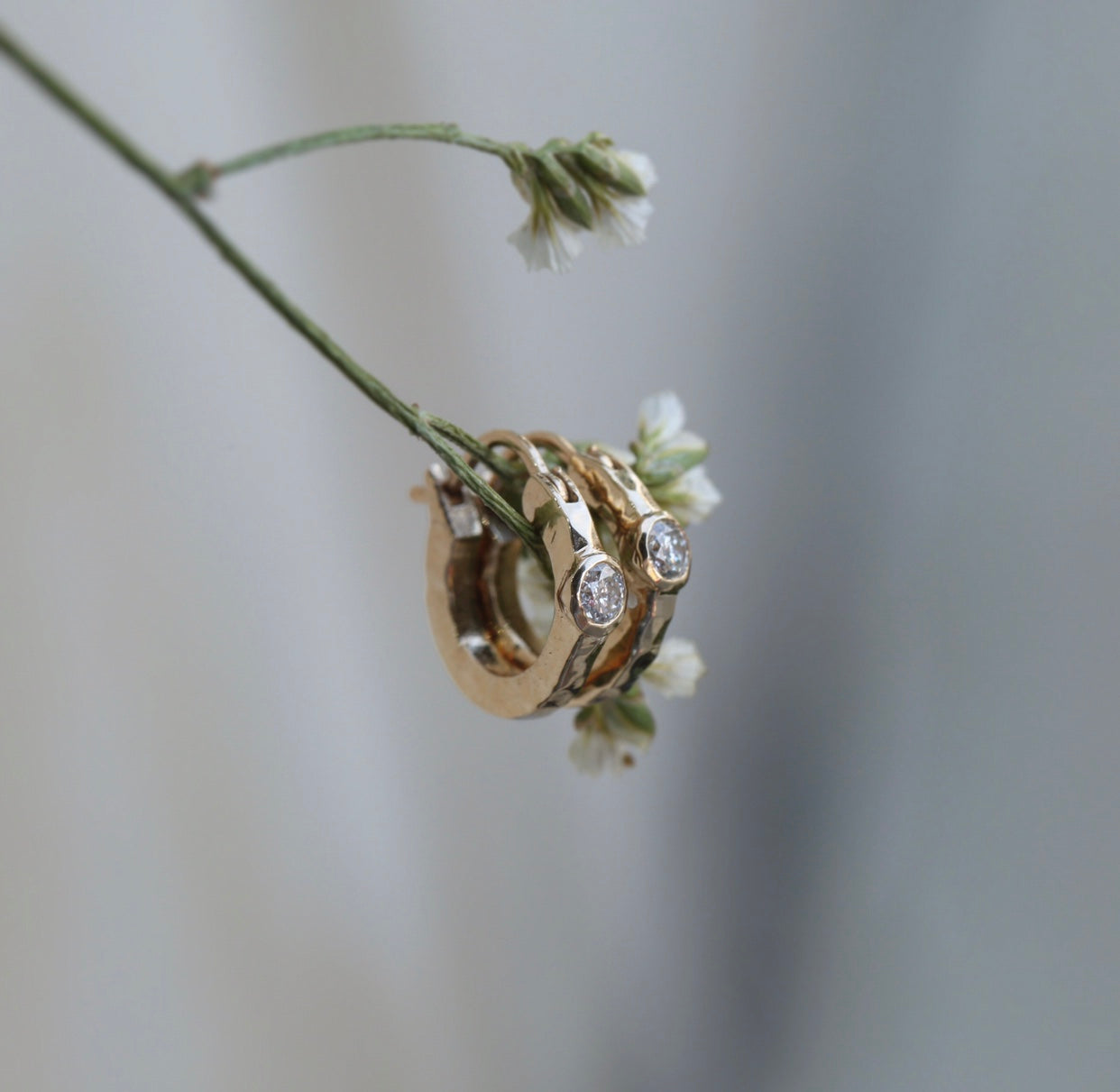 Single Diamond Thick Hammered Huggie Earrings