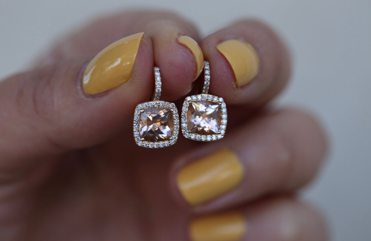 Morganite Diamond Halo Drop Earrings
