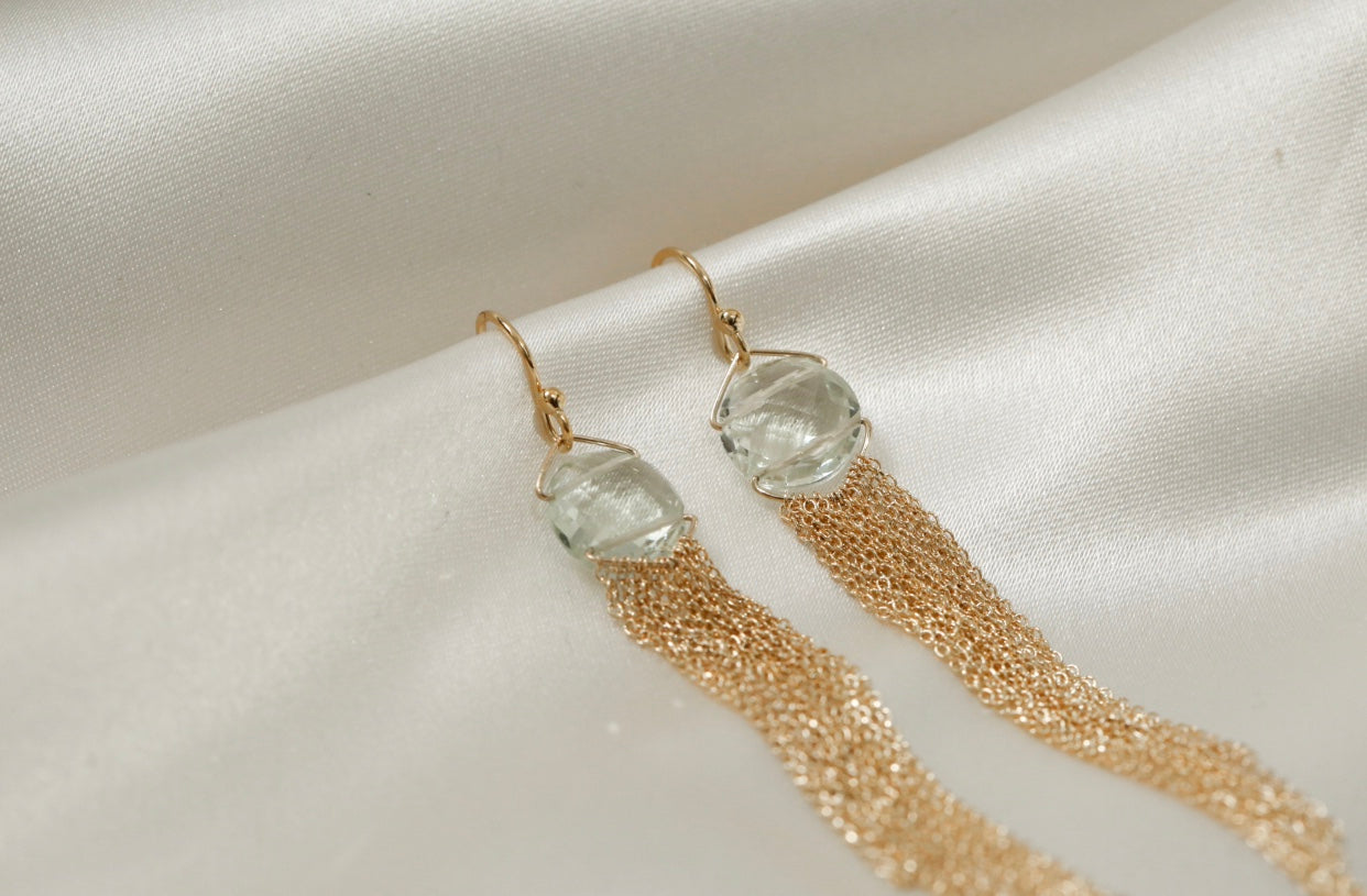 Prasiolite Drop Chain Tassel Earrings